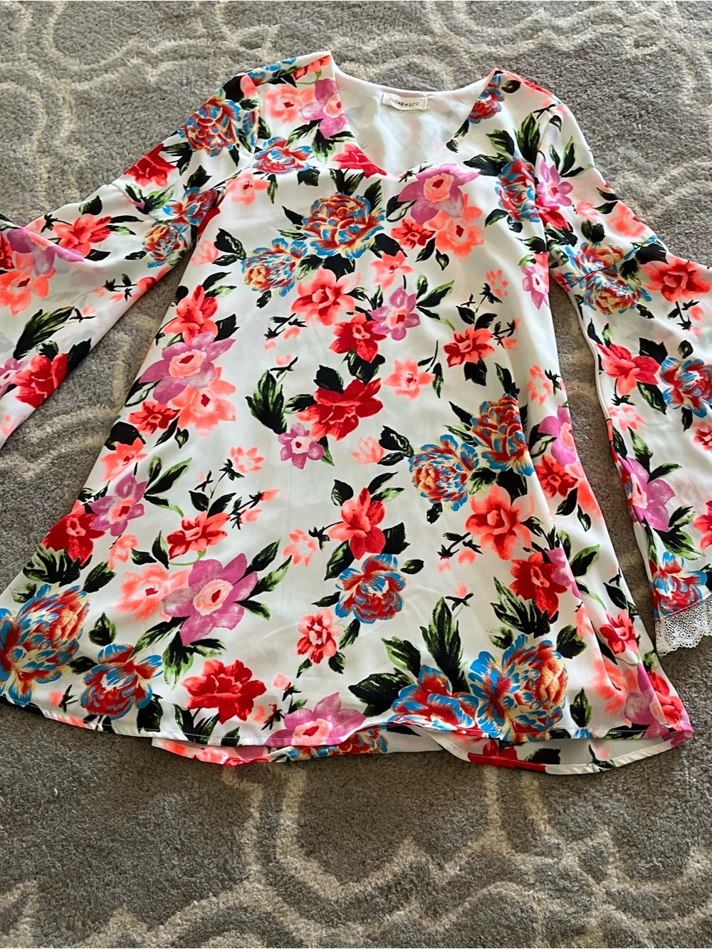 Sugarlips Floral V-Neck Tunic Top - White with Coral & Blue Blooms